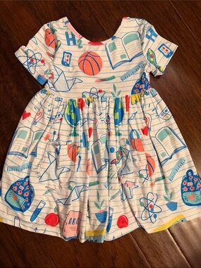 White Kids Casual Short Sleeve Dress with Colorful School Print Accents
